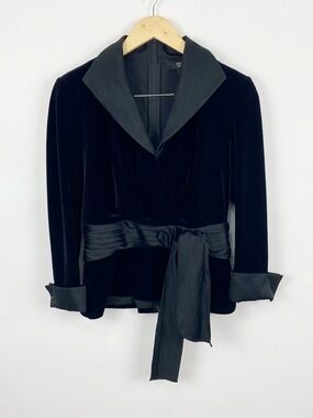 Vintage Tadashi Collection Black Velvet Wrap Top Satin Trim Large Tuxedo Chic